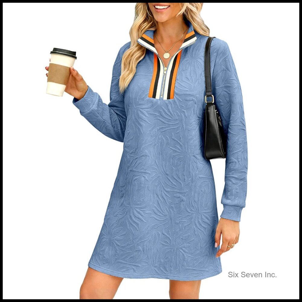 Casual Half Zip V Neck Mini Sweater Dress Long Sleeve Fashion Sweatshirt Outfit